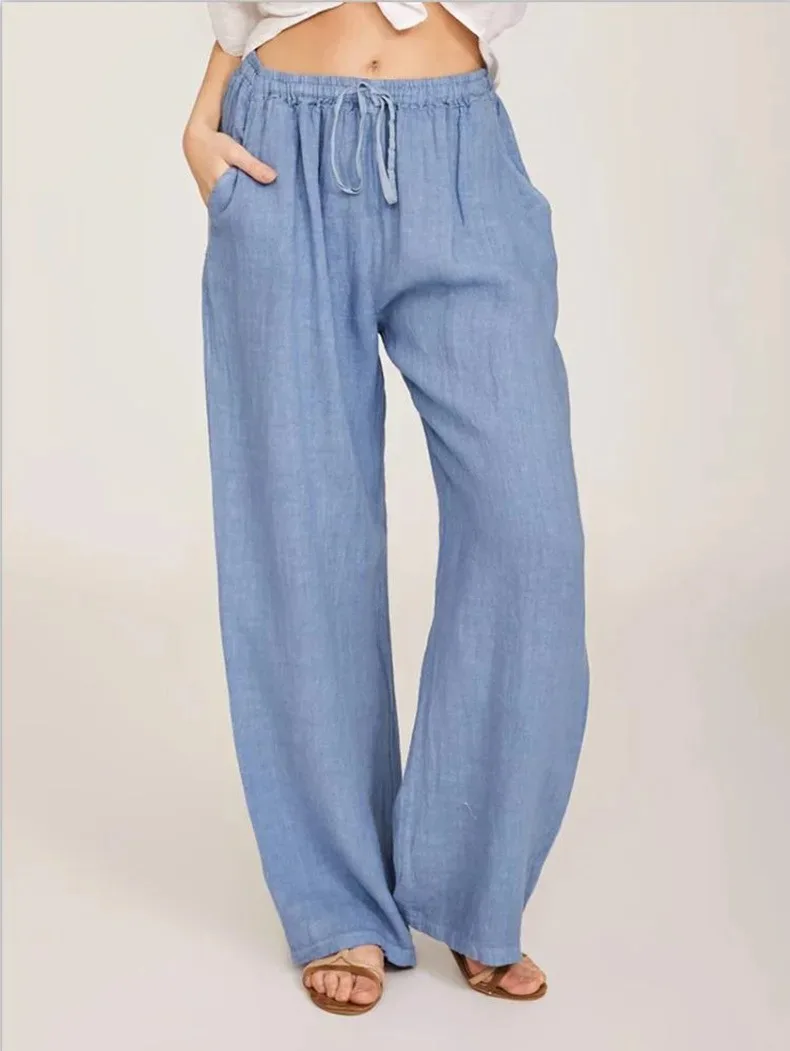 Women's Cotton Linen Pants Casual Loose Solid Elastic Waist Pocket Straight Trousers Ladies Oversize Wide Leg Pant Streetwear