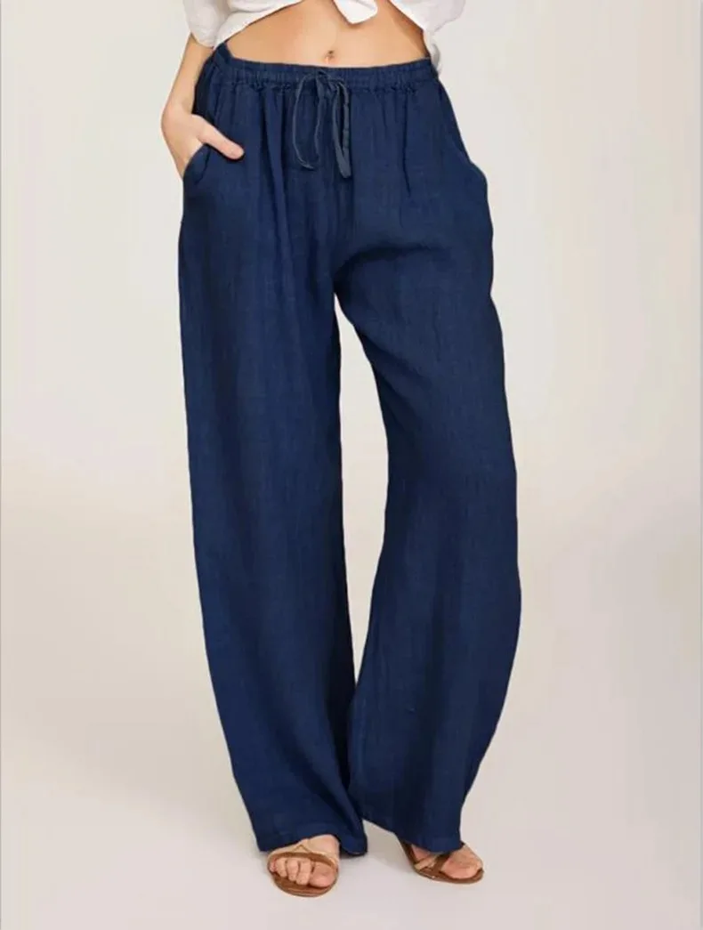 Women's Cotton Linen Pants Casual Loose Solid Elastic Waist Pocket Straight Trousers Ladies Oversize Wide Leg Pant Streetwear