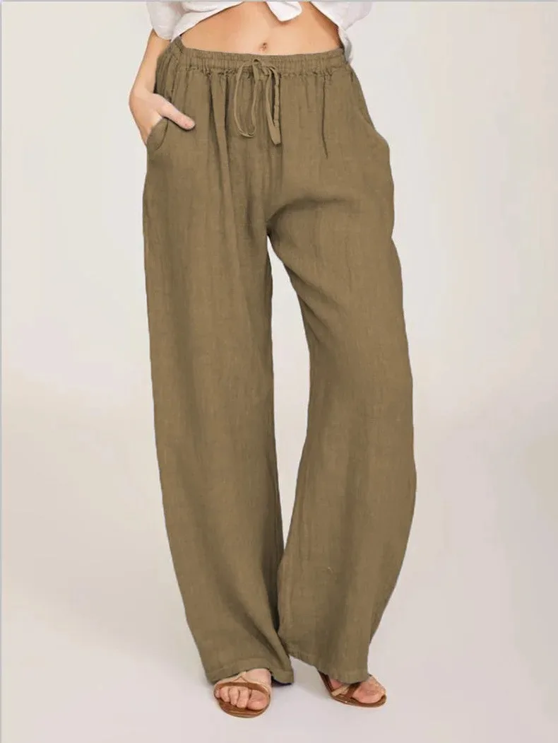 Women's Cotton Linen Pants Casual Loose Solid Elastic Waist Pocket Straight Trousers Ladies Oversize Wide Leg Pant Streetwear