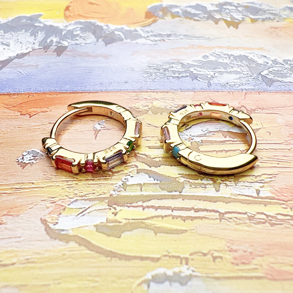Creole Hinged Hoop Earrings Colorful Stones Europe Style Fine Jewerly Gift In Solid 925 Sterling Silver For Women