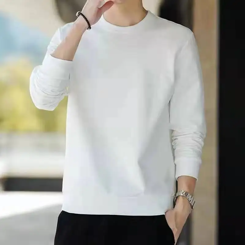 Men's Casual Loose Long Sleeve Shirt Spring Autumn O-Neck Solid Color Long Sleeve T-shirts New Male Clothes Black White
