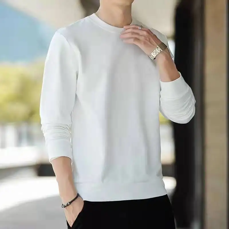 Men's Casual Loose Long Sleeve Shirt Spring Autumn O-Neck Solid Color Long Sleeve T-shirts New Male Clothes Black White