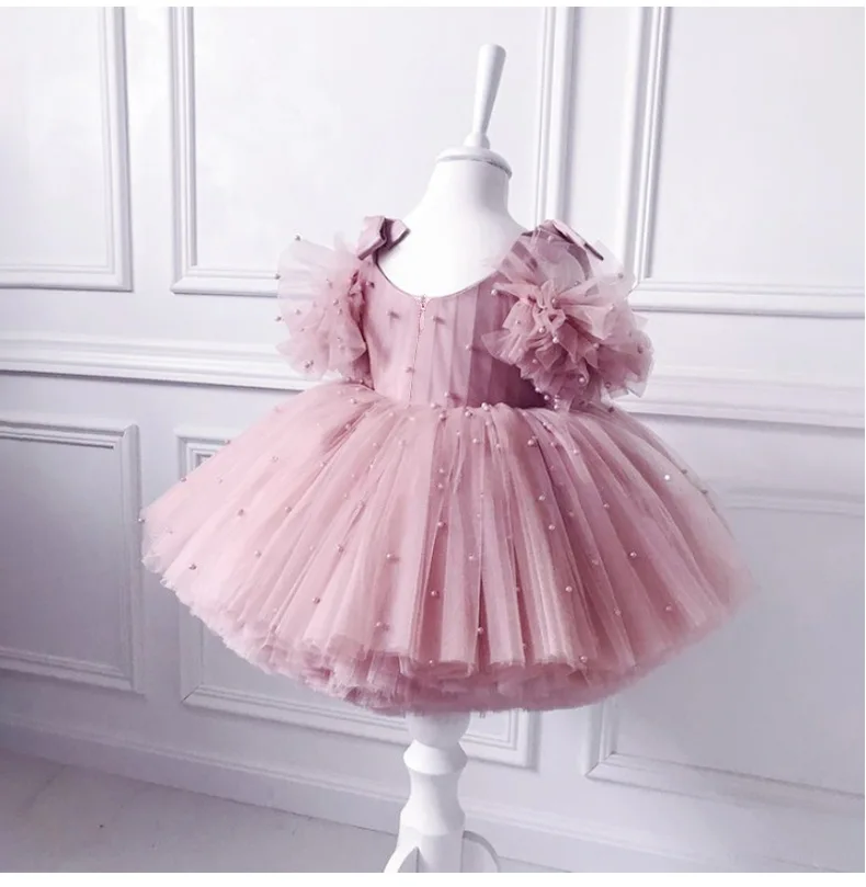 1 to 5 Yrs Kid Summer Baby Girls Ceremonial Dress Children's Pearl Tulle Princess Party Dresses For Wedding Tutu Perform Vestido