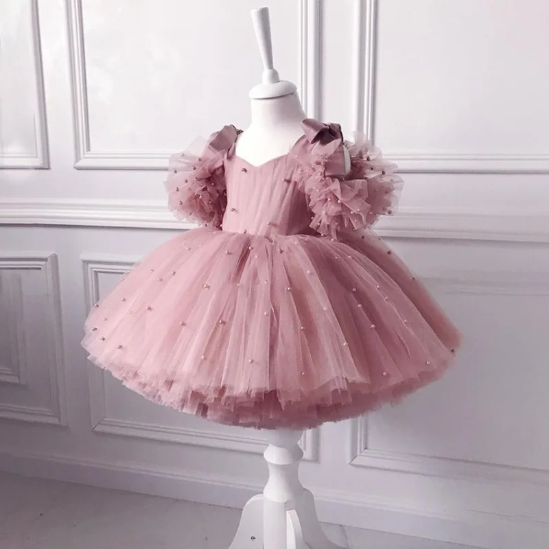 1 to 5 Yrs Kid Summer Baby Girls Ceremonial Dress Children's Pearl Tulle Princess Party Dresses For Wedding Tutu Perform Vestido