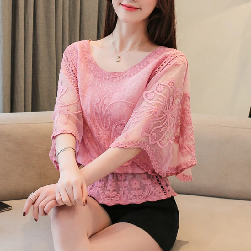 Summer Loose Lace Blouse Women 2025 Butterfly Sleeve Chiffon Shirt Woman Fashion Casual Floral White Shirt Tops Blusas 4073