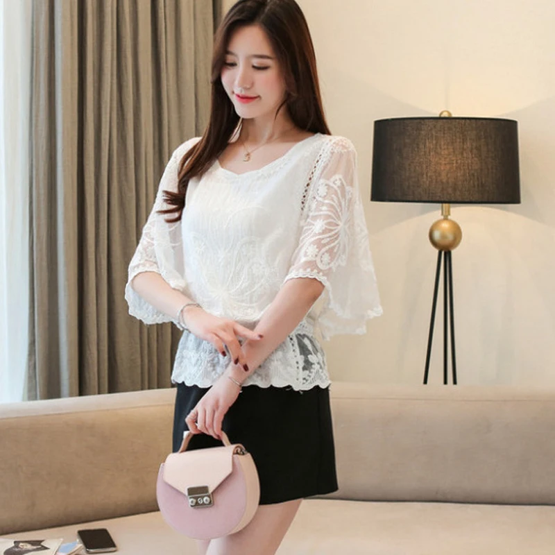 Summer Loose Lace Blouse Women 2025 Butterfly Sleeve Chiffon Shirt Woman Fashion Casual Floral White Shirt Tops Blusas 4073