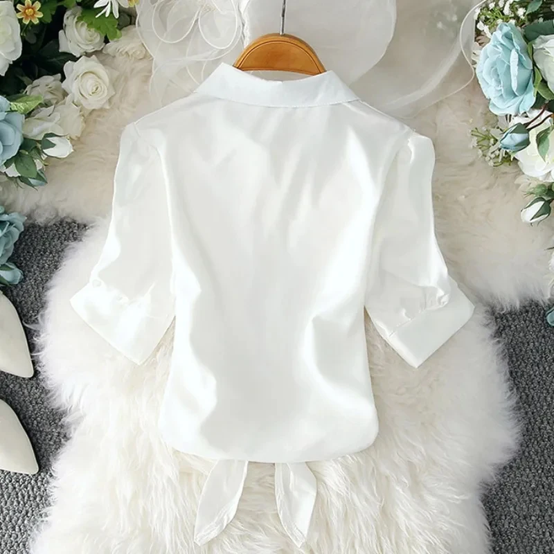 Summer White Shirt 2025 Basic Short Sleeve Women Blouses Solid Buttoned Up Shirt Top Tied Waist Elegant Women Tunics Tops 19870
