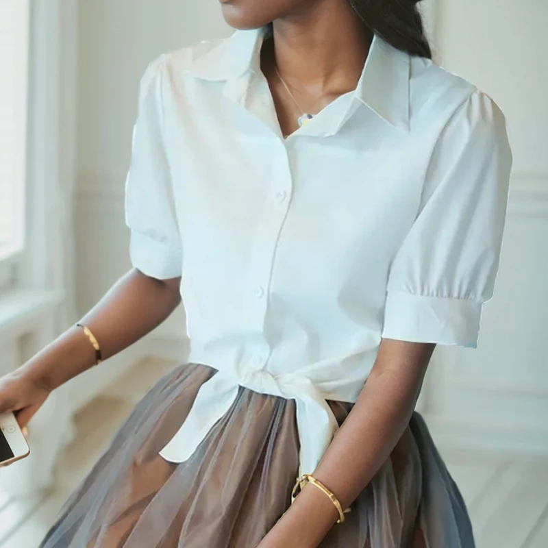 Summer White Shirt 2025 Basic Short Sleeve Women Blouses Solid Buttoned Up Shirt Top Tied Waist Elegant Women Tunics Tops 19870