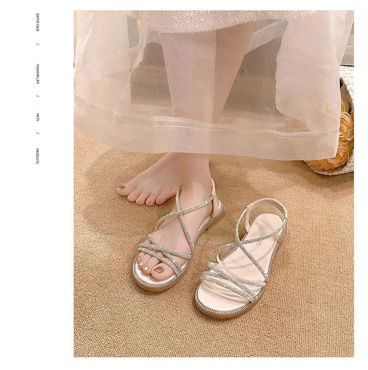 2024 Summer New Sandals, Rhinestone Flat Sandals, Women's Open Toe Elastic Set Foot Cross Sandals, Women Sandals