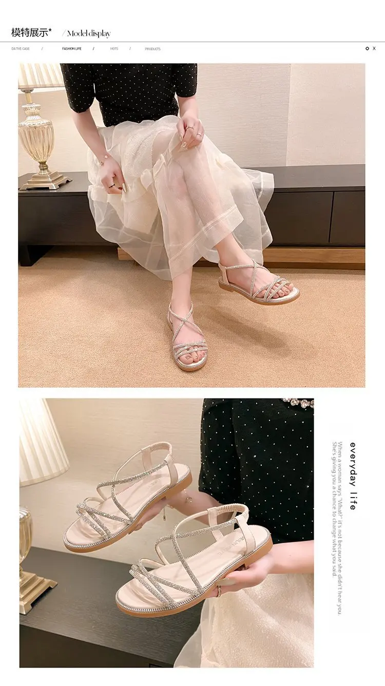 2024 Summer New Sandals, Rhinestone Flat Sandals, Women's Open Toe Elastic Set Foot Cross Sandals, Women Sandals