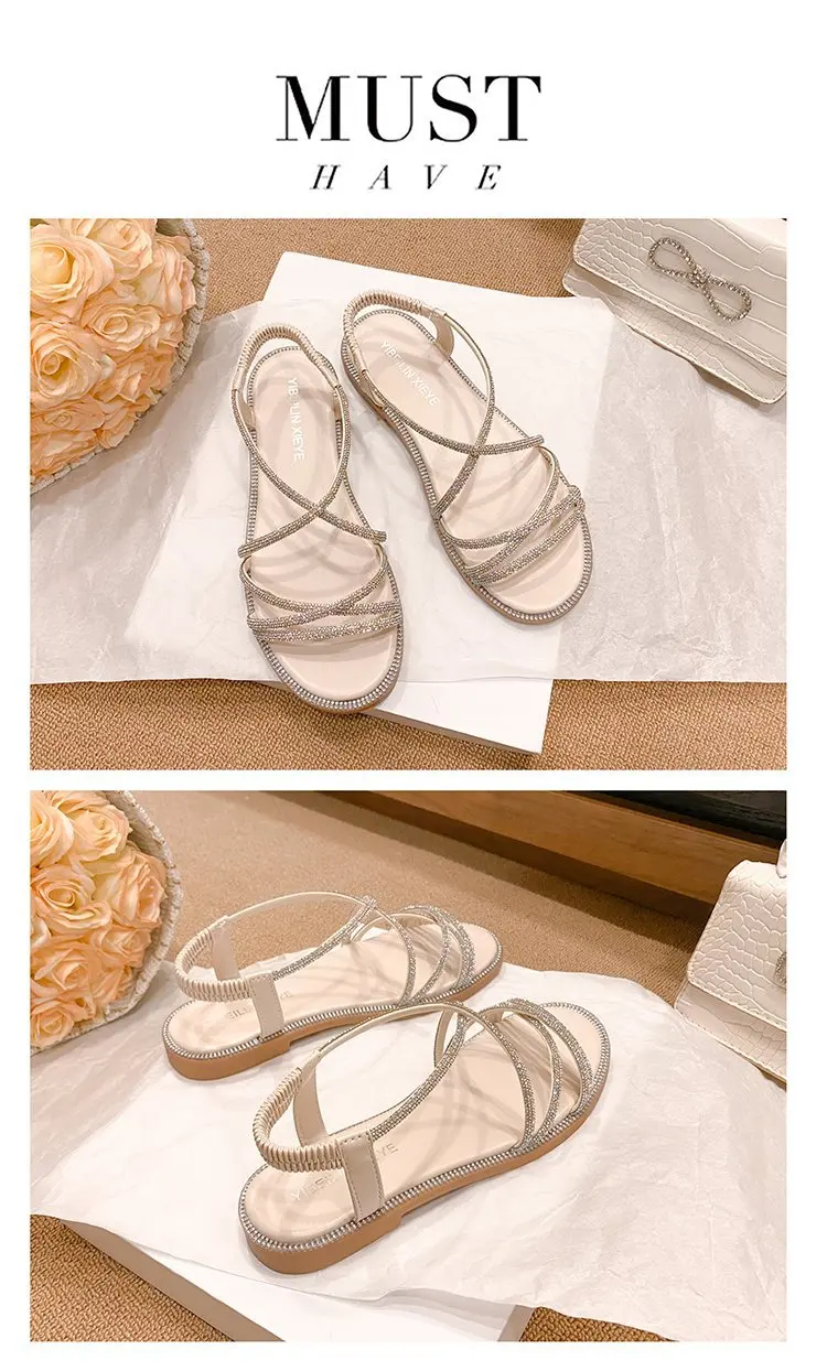2024 Summer New Sandals, Rhinestone Flat Sandals, Women's Open Toe Elastic Set Foot Cross Sandals, Women Sandals