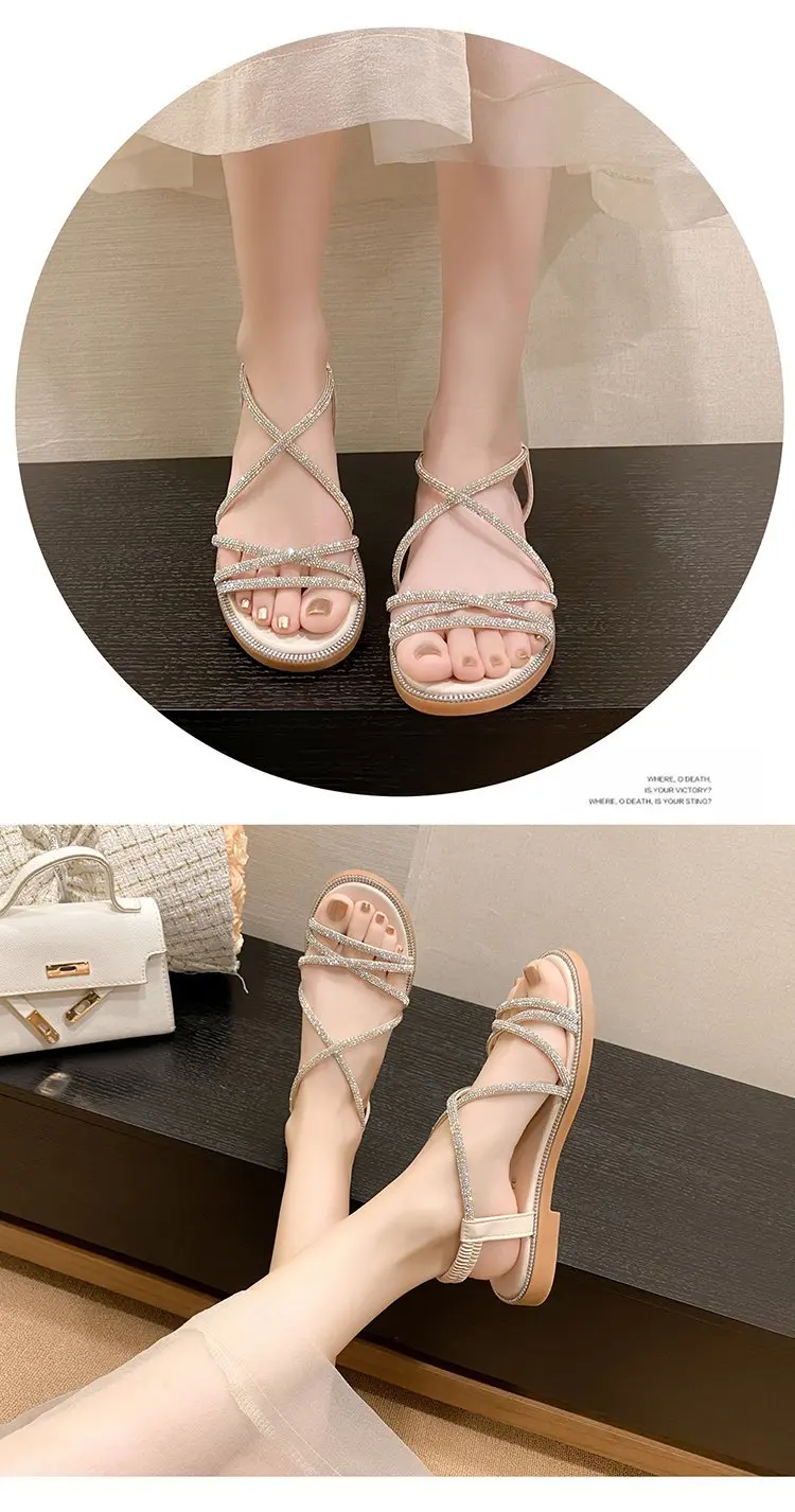 2024 Summer New Sandals, Rhinestone Flat Sandals, Women's Open Toe Elastic Set Foot Cross Sandals, Women Sandals
