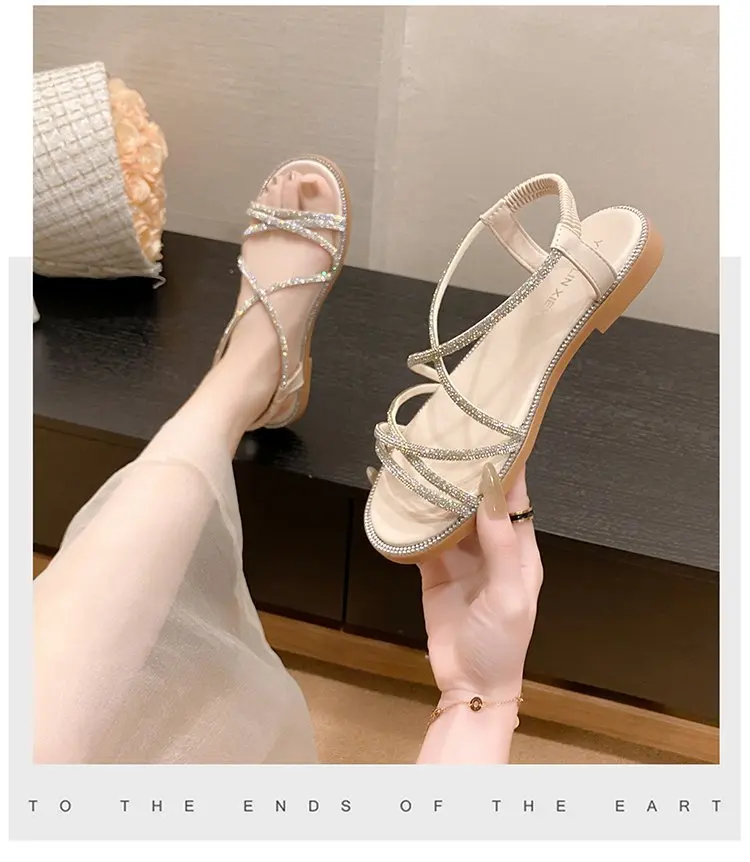 2024 Summer New Sandals, Rhinestone Flat Sandals, Women's Open Toe Elastic Set Foot Cross Sandals, Women Sandals