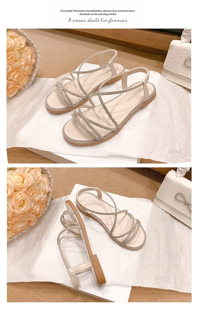 2024 Summer New Sandals, Rhinestone Flat Sandals, Women's Open Toe Elastic Set Foot Cross Sandals, Women Sandals