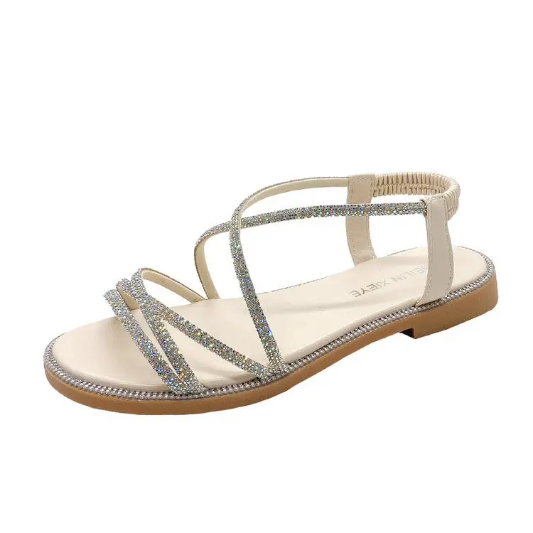 2024 Summer New Sandals, Rhinestone Flat Sandals, Women's Open Toe Elastic Set Foot Cross Sandals, Women Sandals