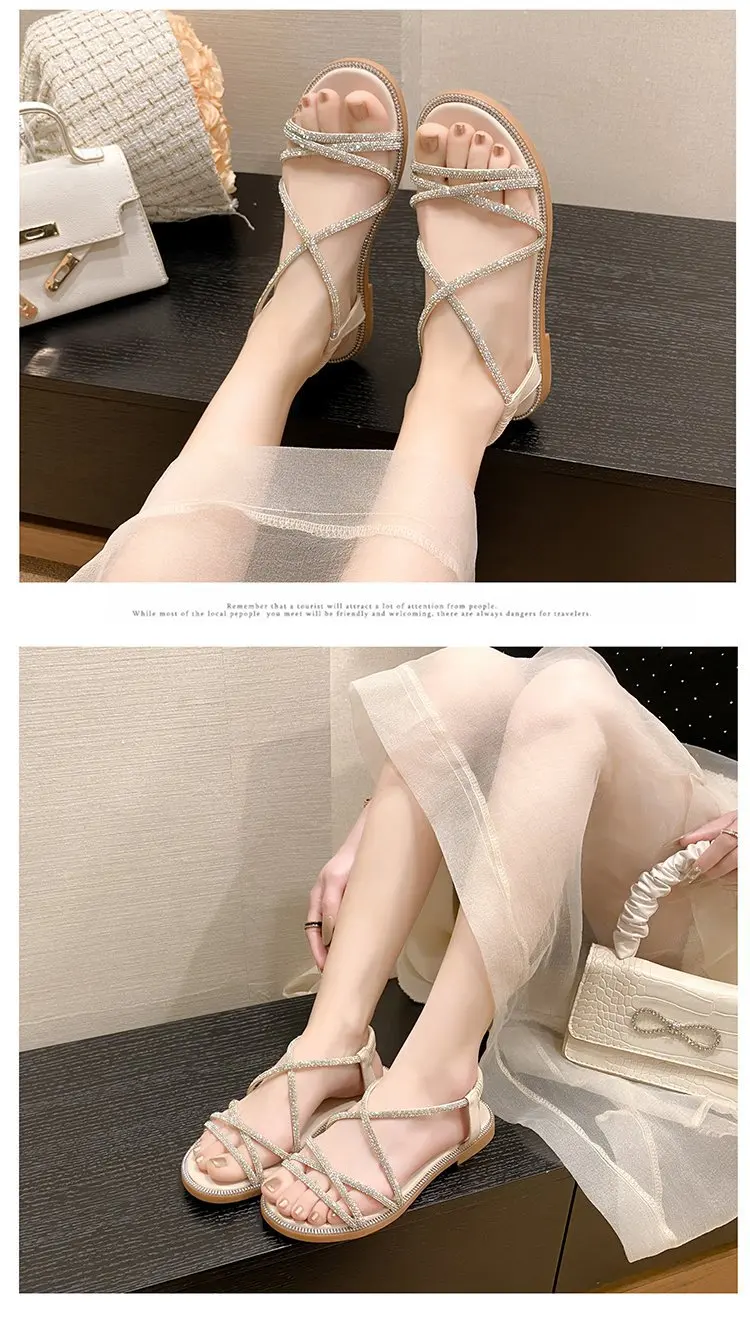2024 Summer New Sandals, Rhinestone Flat Sandals, Women's Open Toe Elastic Set Foot Cross Sandals, Women Sandals