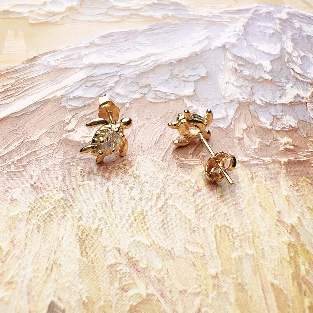 Ear Stud Golden Turtle Fine Jewerly For Women Trendy Summer Gift In 925 Sterling Silver