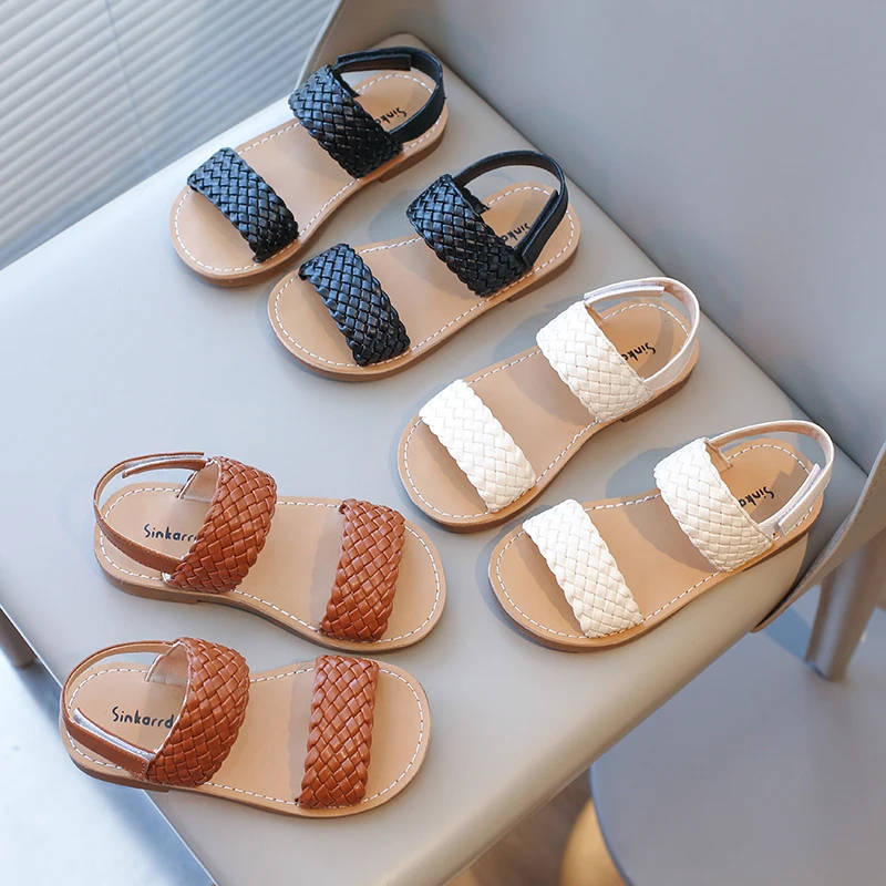 Girl's Summer Sandals Braided Light Solid Color All-match Kids Sliders Pu Leather Casual Daily Non-slip Soft Children shoe 21-35