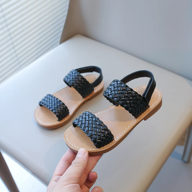 Girl's Summer Sandals Braided Light Solid Color All-match Kids Sliders Pu Leather Casual Daily Non-slip Soft Children shoe 21-35