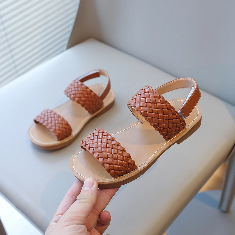 Girl's Summer Sandals Braided Light Solid Color All-match Kids Sliders Pu Leather Casual Daily Non-slip Soft Children shoe 21-35