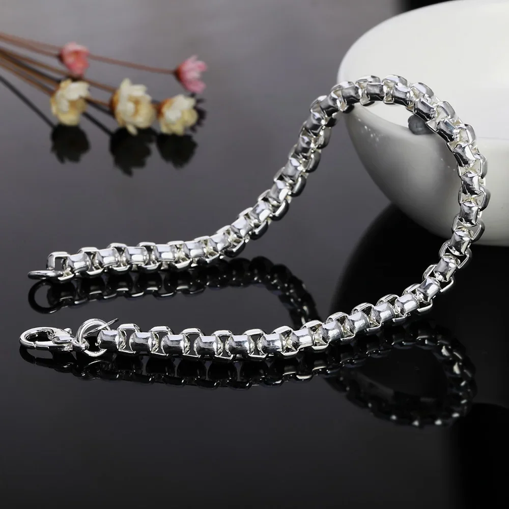 45-60cm 925 Sterling Silver 4mm Round Box Chain Necklace Bracelet set For Women Men Wedding Engagement Charm Jewelry