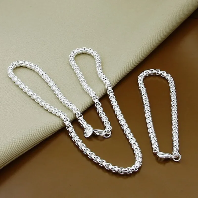 45-60cm 925 Sterling Silver 4mm Round Box Chain Necklace Bracelet set For Women Men Wedding Engagement Charm Jewelry