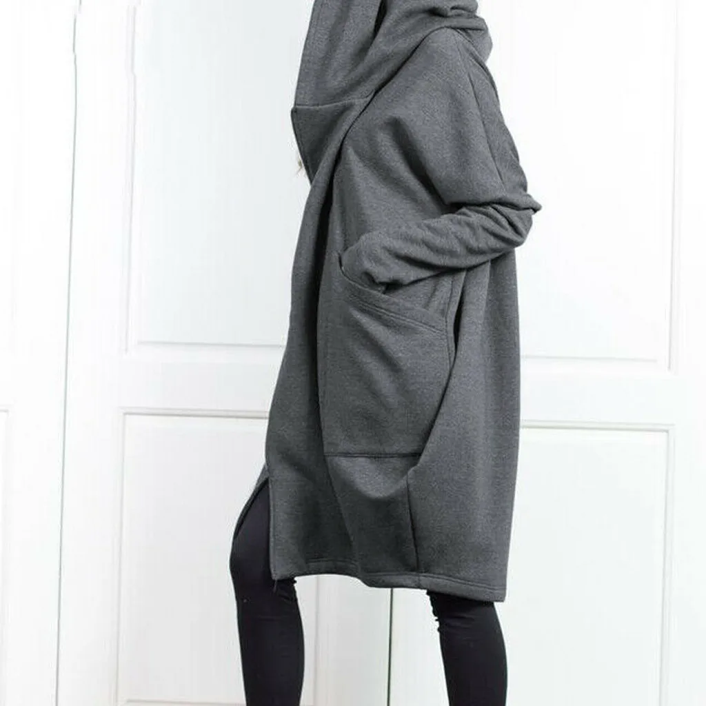 2024 Hooded Pocket Sweater Zipper Mid Length Fake Two Piece Loose Coat for Women