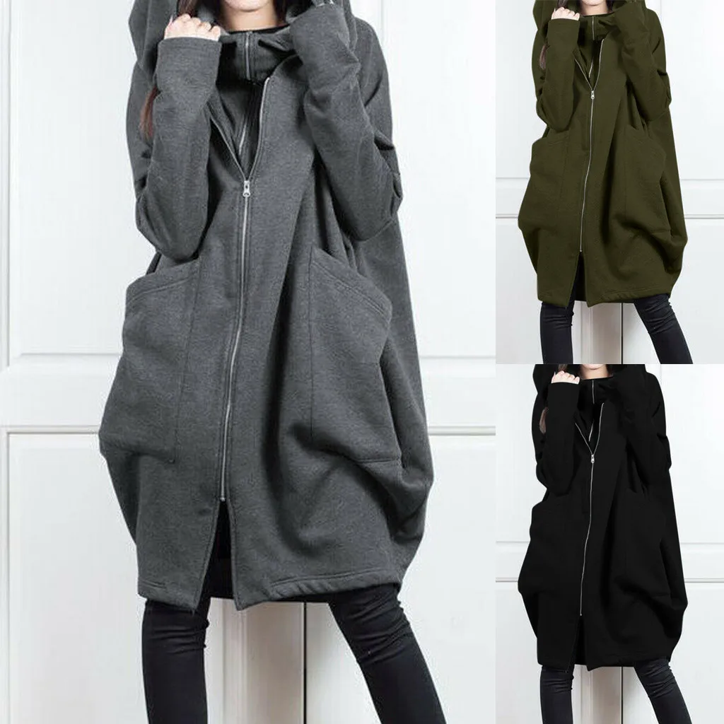 2024 Hooded Pocket Sweater Zipper Mid Length Fake Two Piece Loose Coat for Women