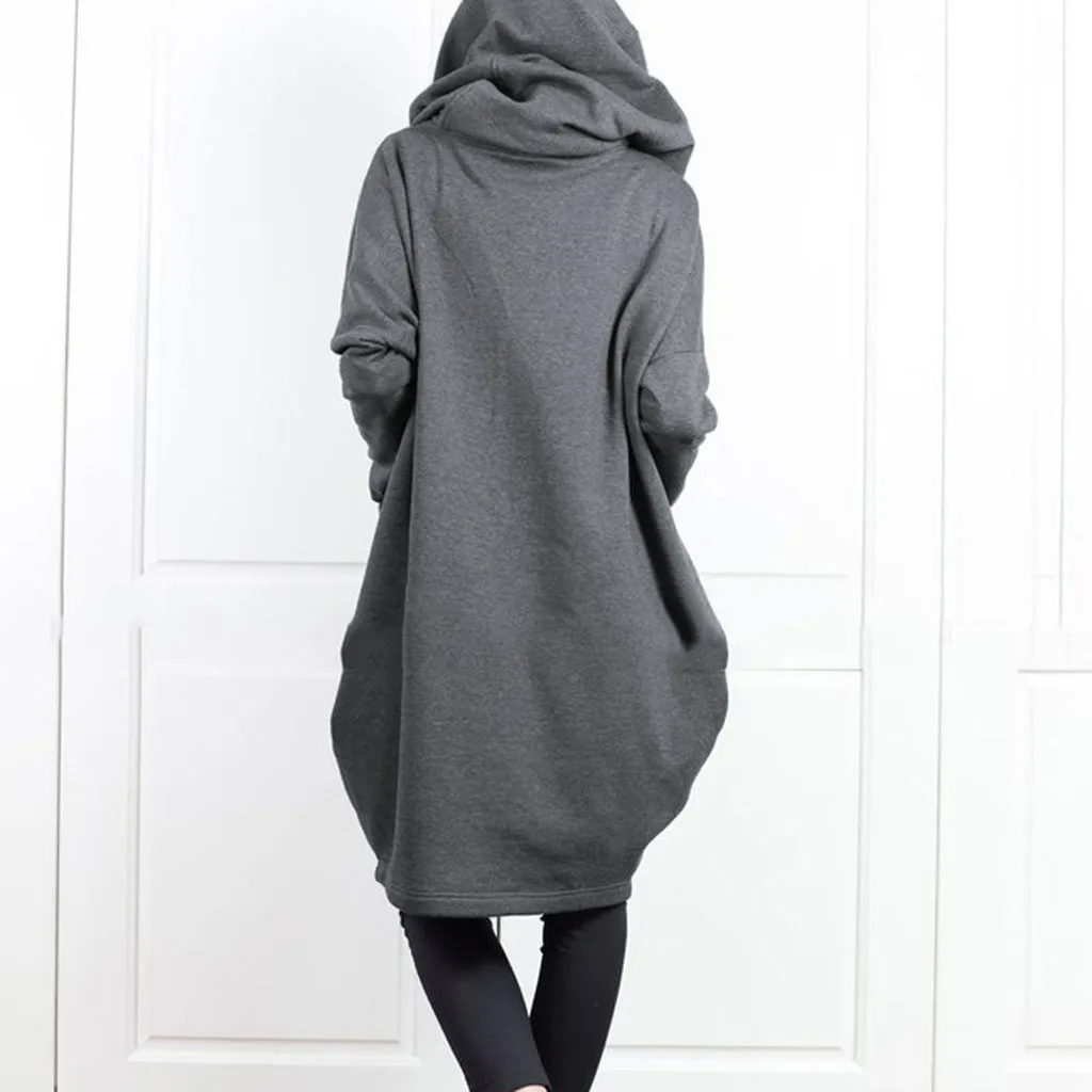 2024 Hooded Pocket Sweater Zipper Mid Length Fake Two Piece Loose Coat for Women