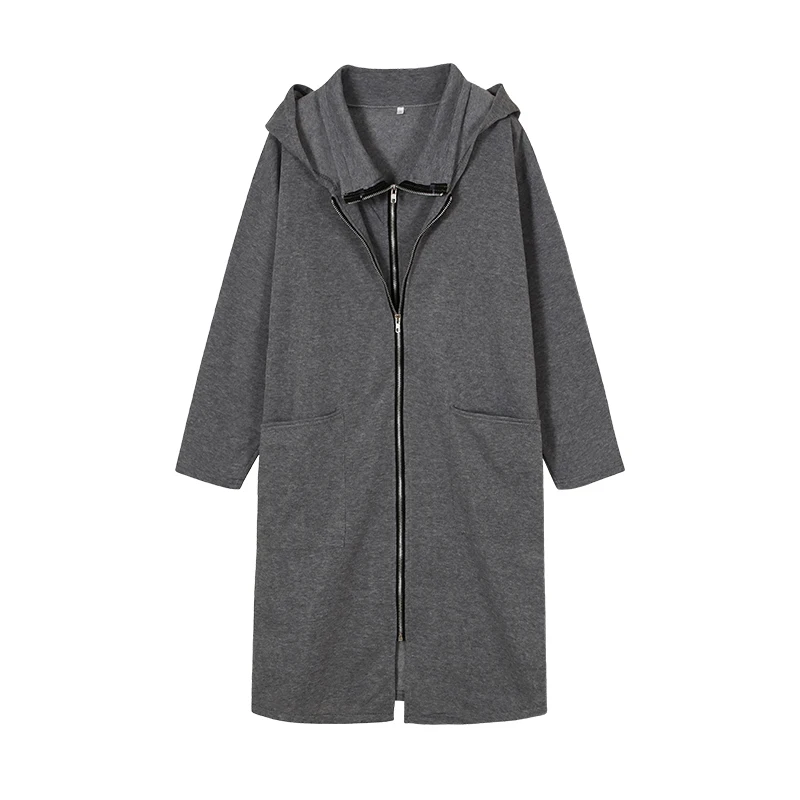 2024 Hooded Pocket Sweater Zipper Mid Length Fake Two Piece Loose Coat for Women