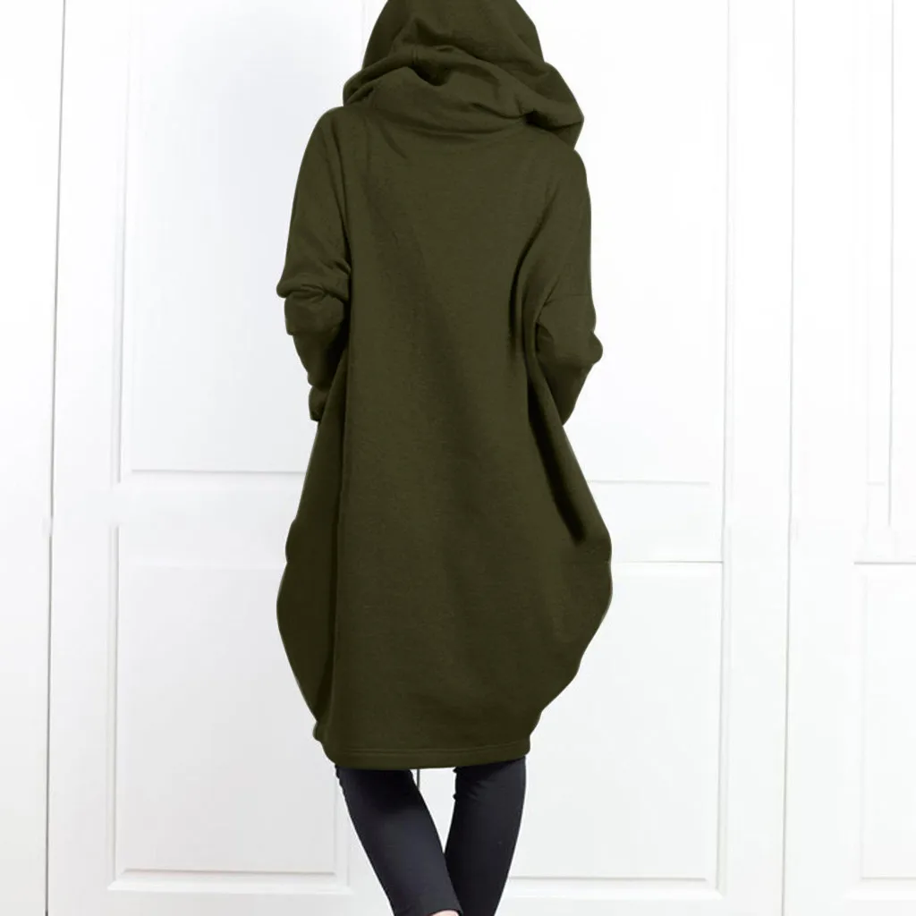 2024 Hooded Pocket Sweater Zipper Mid Length Fake Two Piece Loose Coat for Women