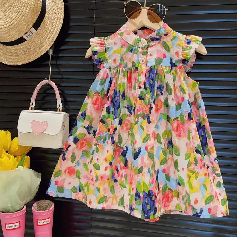 Girls small flying sleeve dress summer new children's baby girl A-line skirt children's dress fashion princess skirt tide
