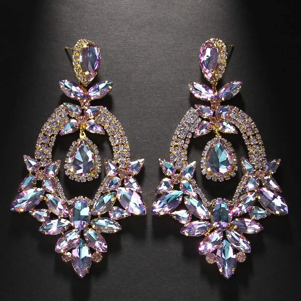 Luxury Purple Exaggerate Dangle Earrings Oversized Accessories Elegant Lady Water Drop Large Rhinestone Earrings Party Jewelry