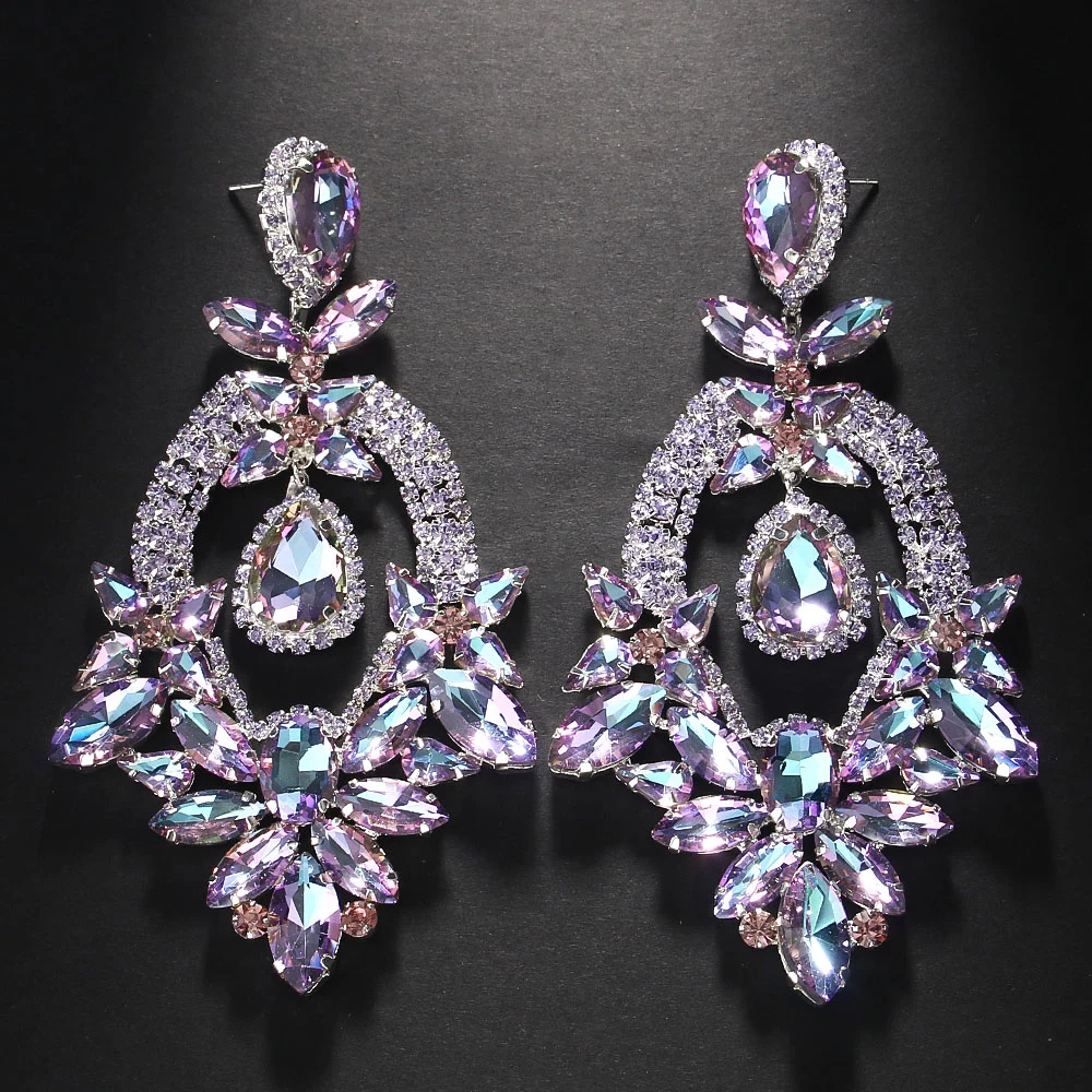 Luxury Purple Exaggerate Dangle Earrings Oversized Accessories Elegant Lady Water Drop Large Rhinestone Earrings Party Jewelry