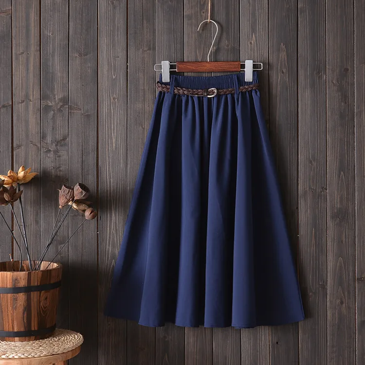 Midi Knee Length Summer Skirt Women With Belt Fashion Korean Ladies High Waist Pleated A-line School Skirt Female