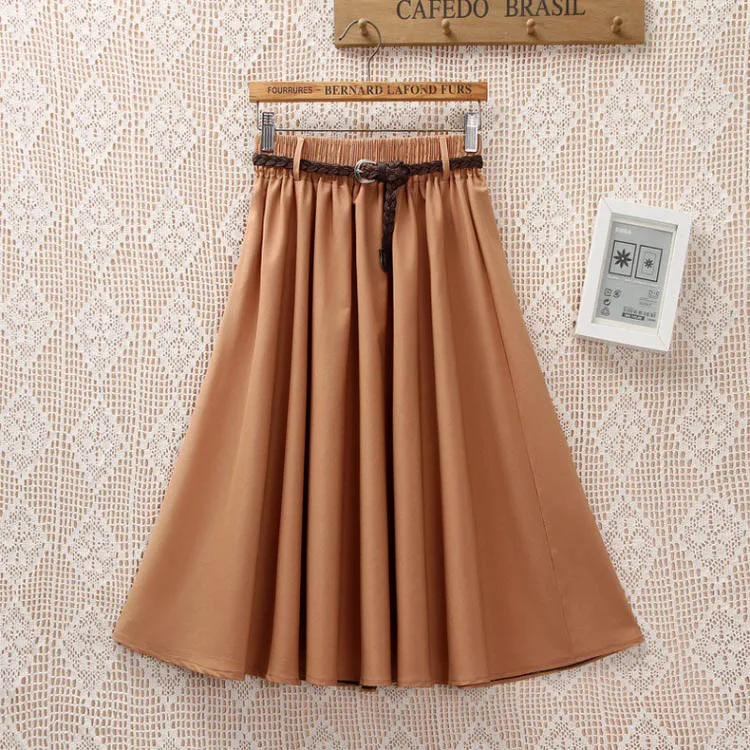 Midi Knee Length Summer Skirt Women With Belt Fashion Korean Ladies High Waist Pleated A-line School Skirt Female