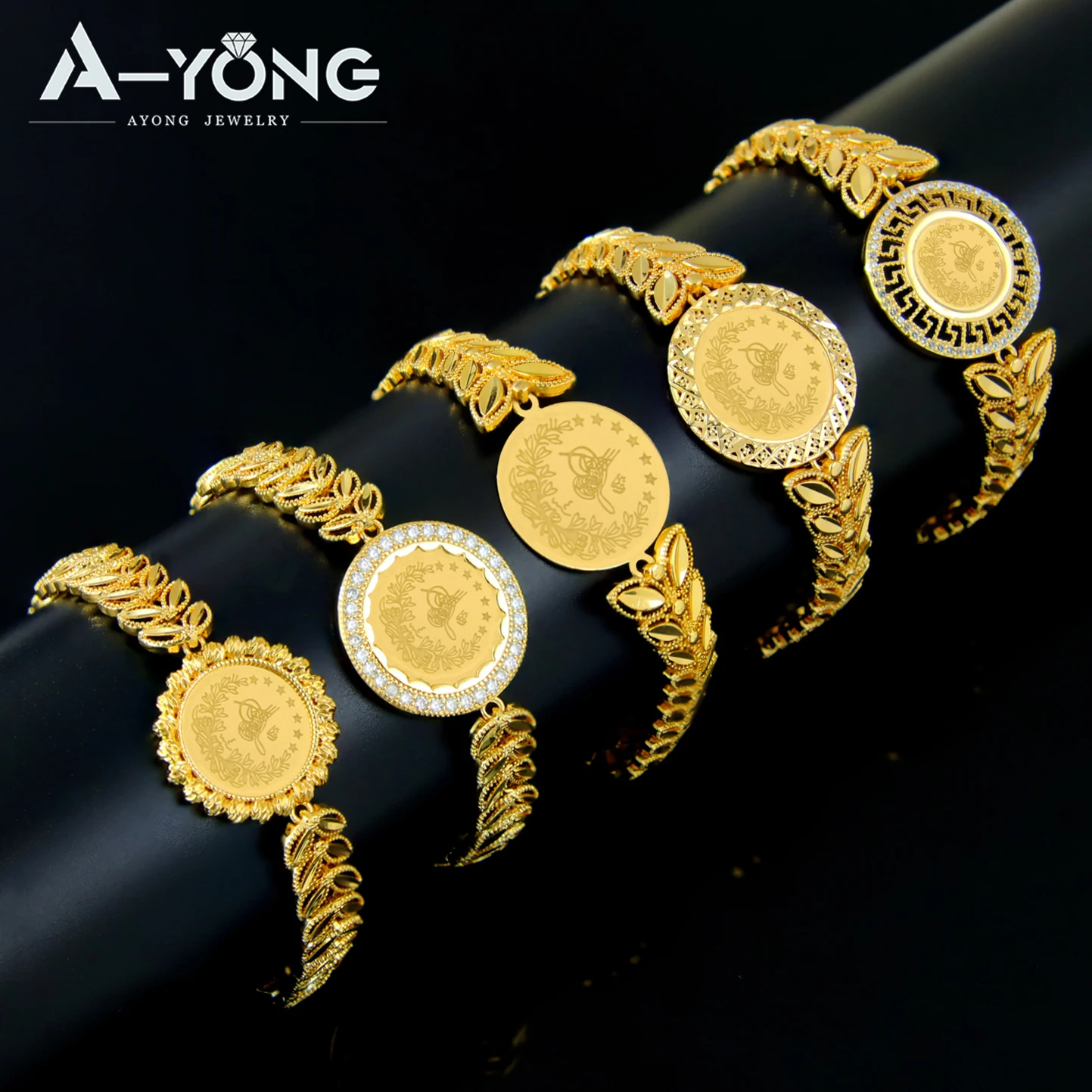 Arabic Design Gold Color Coins Bracelet 21k Gold Plated Turkish Charm Bangles Dubai Women Luxury Wedding Party Kurdish Jewelry