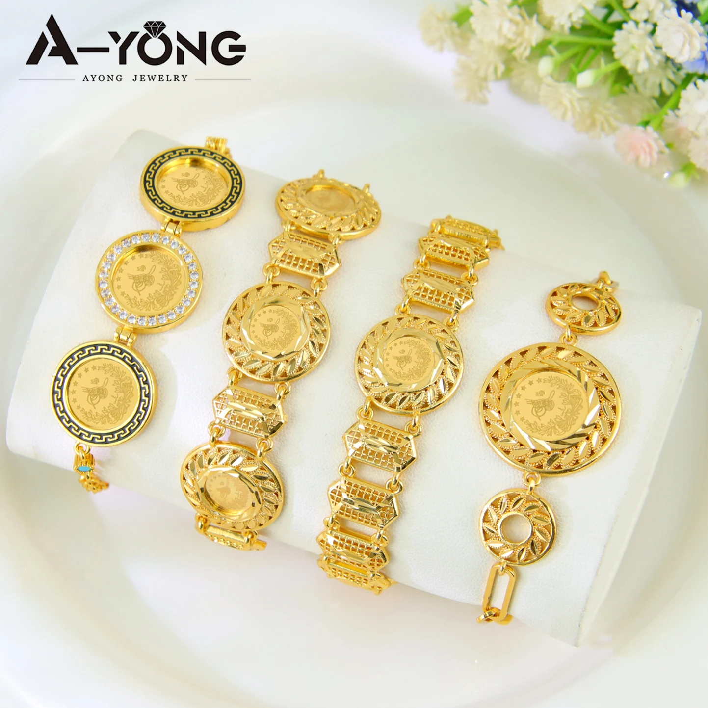 Arabic Design Gold Color Coins Bracelet 21k Gold Plated Turkish Charm Bangles Dubai Women Luxury Wedding Party Kurdish Jewelry