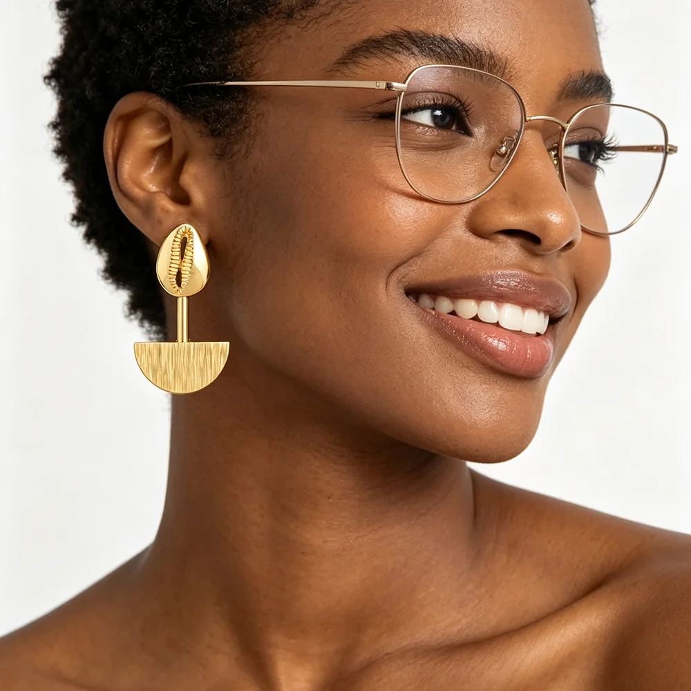 18K Gold Plated Cowrie Shell Brushed Semi‑Circle Earrings & Ring Set For Women Luxury Wedding Party Bridal Accessories Gift