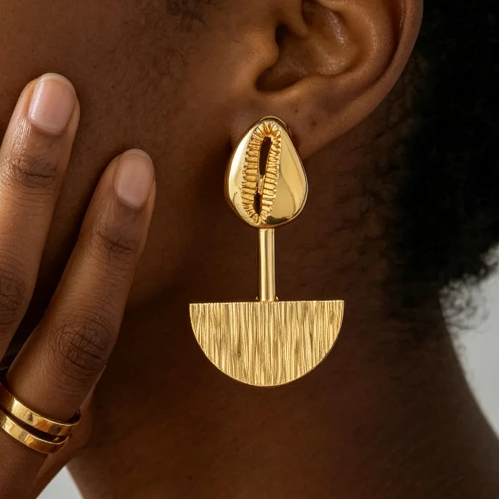 18K Gold Plated Cowrie Shell Brushed Semi‑Circle Earrings & Ring Set For Women Luxury Wedding Party Bridal Accessories Gift