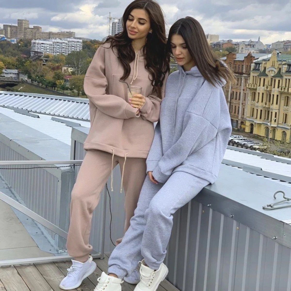 Hot Sale Europe and the United States Spring and Autumn New Fashion Big Pocket Solid Color Sweater Leisure Two-piece Set