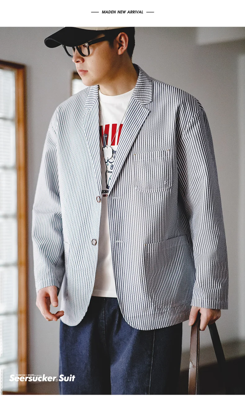 Maden New Vintage Casual Seersucker Striped Suit Jacket Cityboy Flat Lapel Loose Outwear for Men's Spring And Autumn
