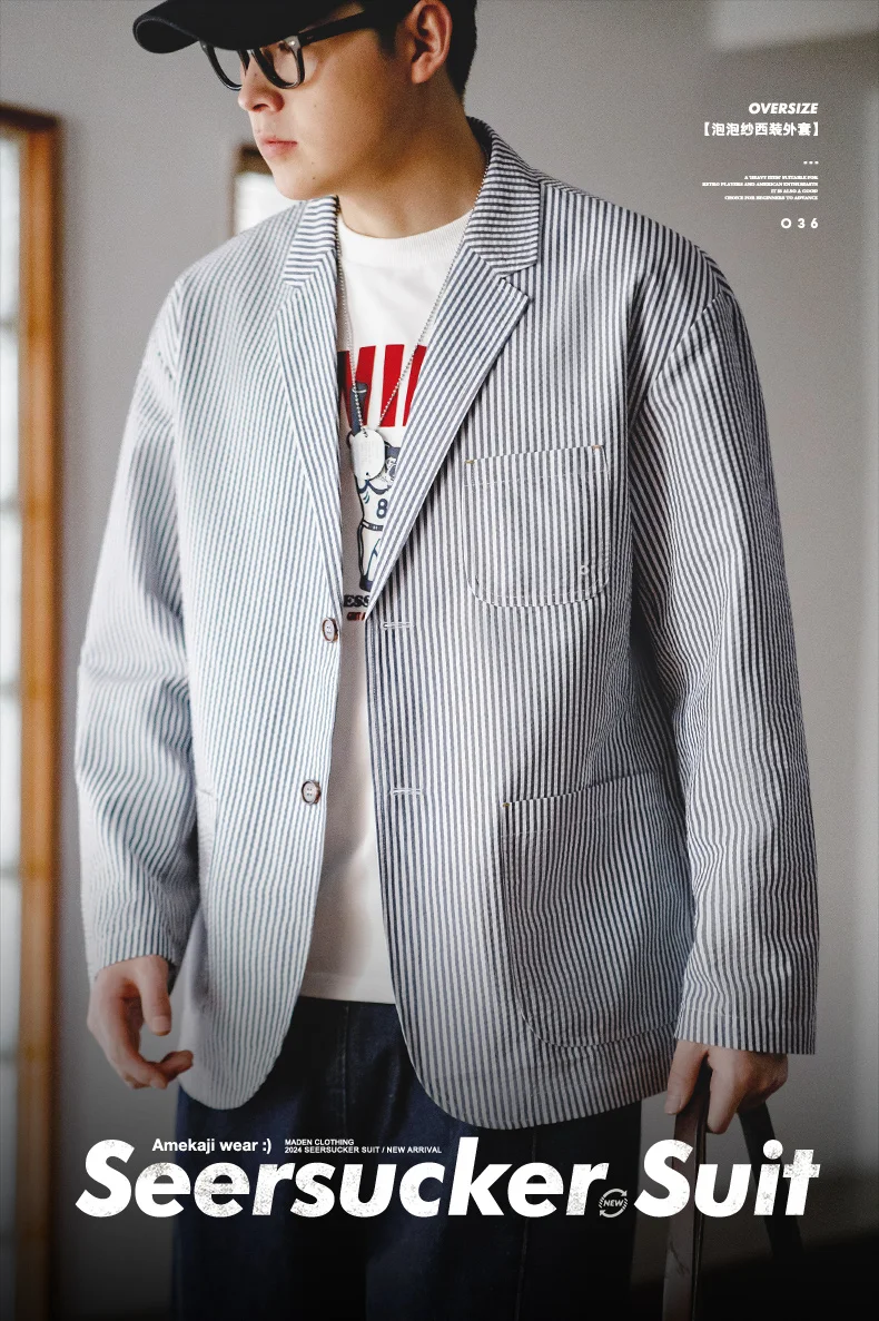 Maden New Vintage Casual Seersucker Striped Suit Jacket Cityboy Flat Lapel Loose Outwear for Men's Spring And Autumn
