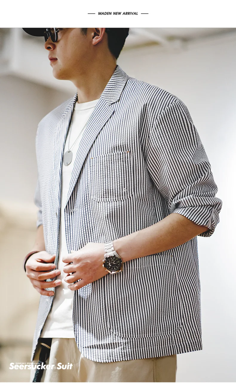 Maden New Vintage Casual Seersucker Striped Suit Jacket Cityboy Flat Lapel Loose Outwear for Men's Spring And Autumn