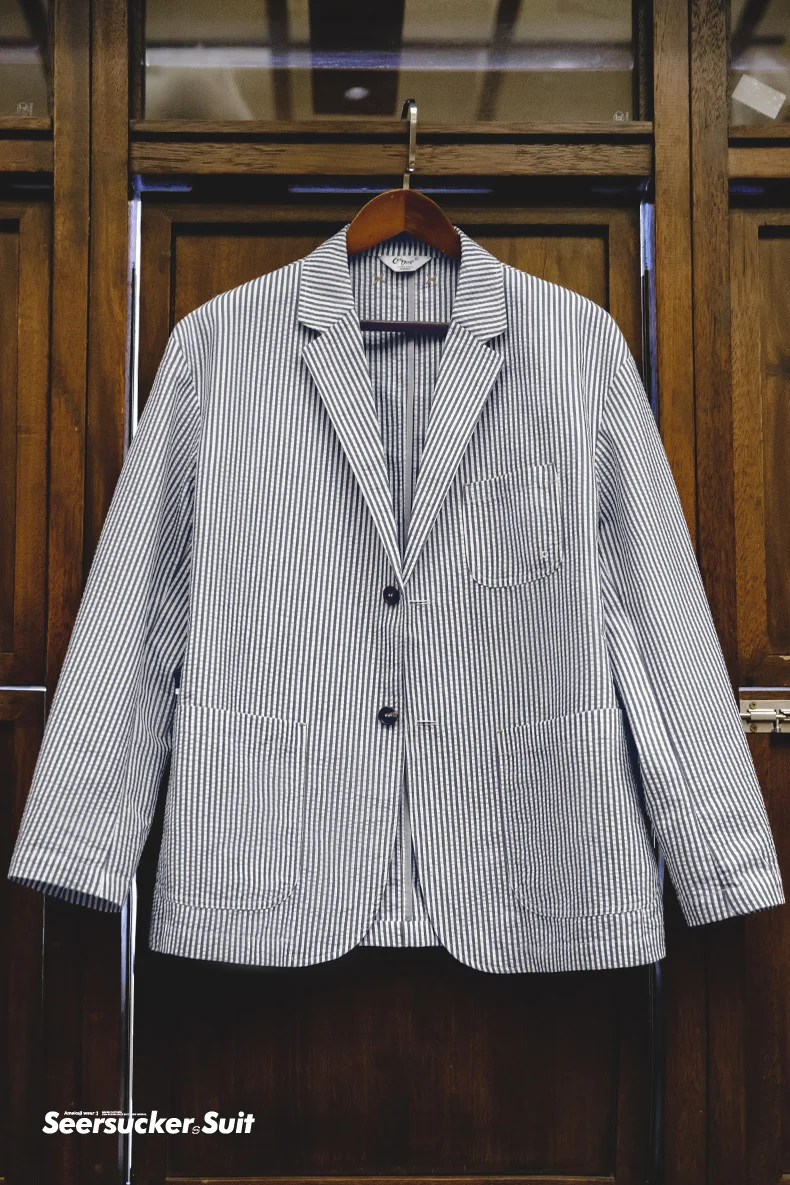 Maden New Vintage Casual Seersucker Striped Suit Jacket Cityboy Flat Lapel Loose Outwear for Men's Spring And Autumn