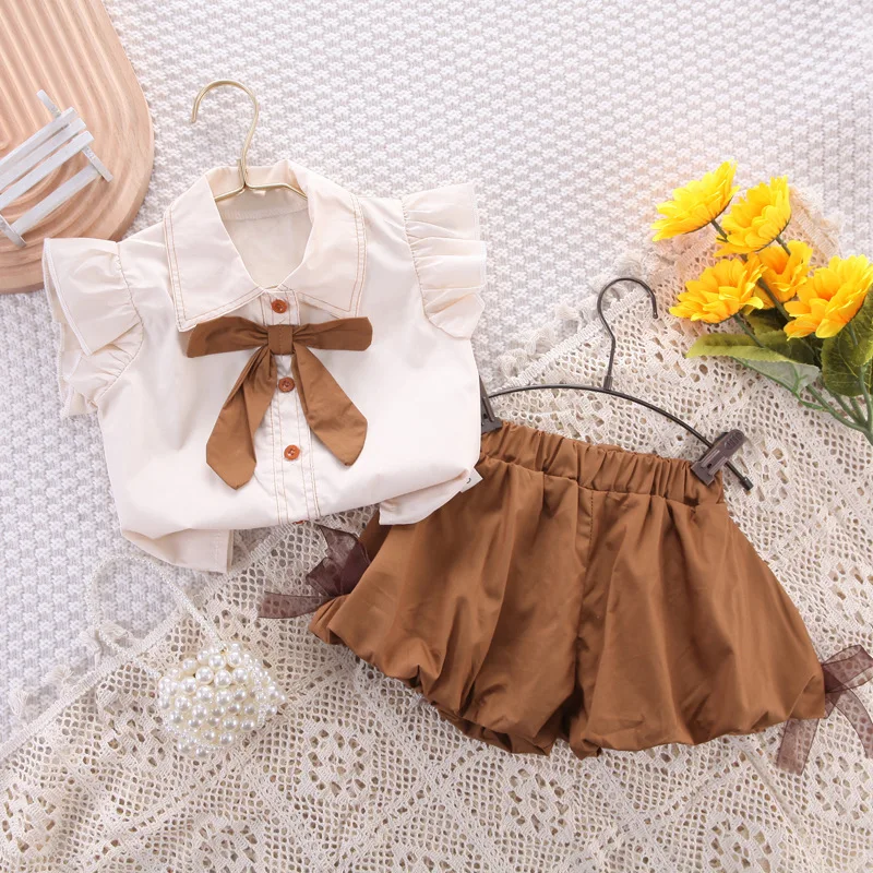 New 0-4 Years Girls' Set Summer Casual Children's Summer Vacation Party Casual Girls' Baby Clothing Shirt+Shorts Set