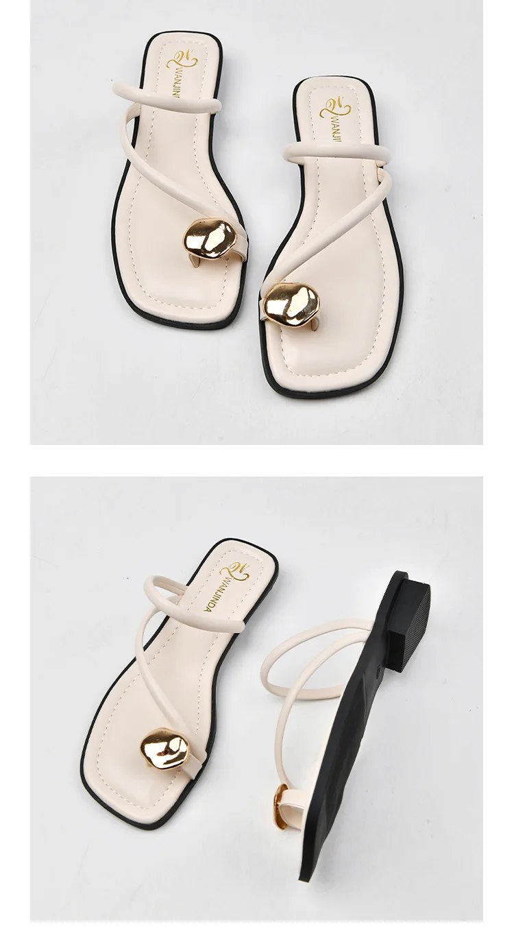 Women Sandals Narrow Band Fashion Metal Decoration Low Heel Slip on Summer Female Slipper Elegant Slides Outdoor Beach Flip Flop