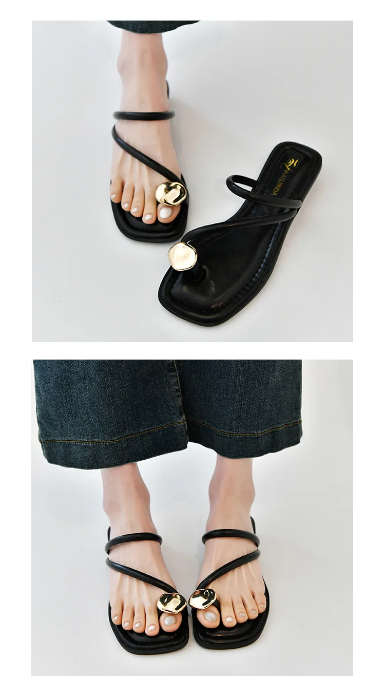 Women Sandals Narrow Band Fashion Metal Decoration Low Heel Slip on Summer Female Slipper Elegant Slides Outdoor Beach Flip Flop