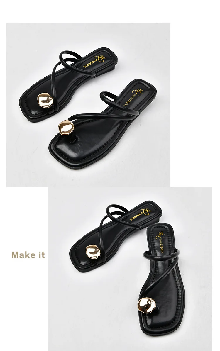 Women Sandals Narrow Band Fashion Metal Decoration Low Heel Slip on Summer Female Slipper Elegant Slides Outdoor Beach Flip Flop