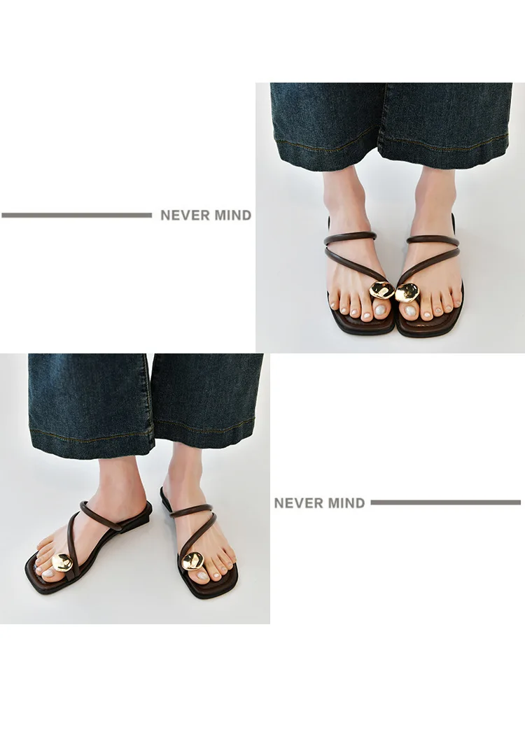 Women Sandals Narrow Band Fashion Metal Decoration Low Heel Slip on Summer Female Slipper Elegant Slides Outdoor Beach Flip Flop